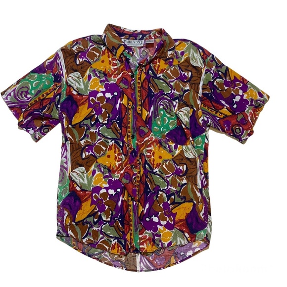 Vintage 90s Work Wear Clothing Co Abstract Art Print Rayon Shirt Blouse Small - Picture 1 of 9